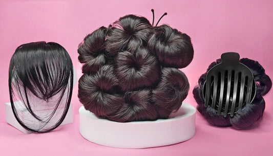 Three types of synthetic and fake human hair bun extensions displayed on a pink background, including front fringe bangs, cluster donut buns, and a clip-on hair bun with black clutcher—perfect for quick, stylish updos.