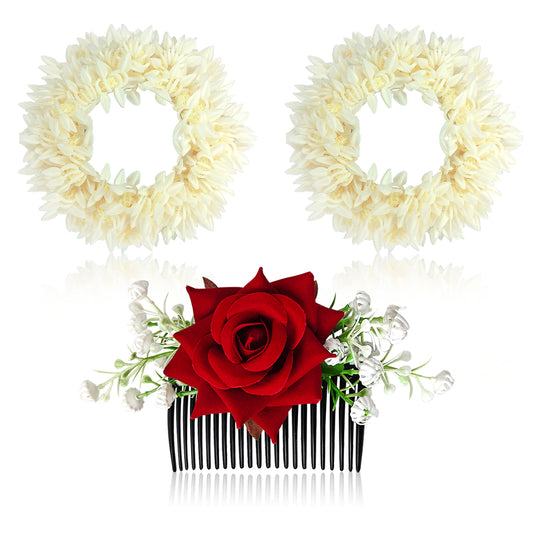 Sanas (3Pcs) Artificial Flower For Hair Bun Accessories For Women Stylish Artificial Gajra For Hair Brooch For Women Traditional Red Rose Juda Accessories For Woman (Pure Mogra & Rose Texture) (3Pcs)