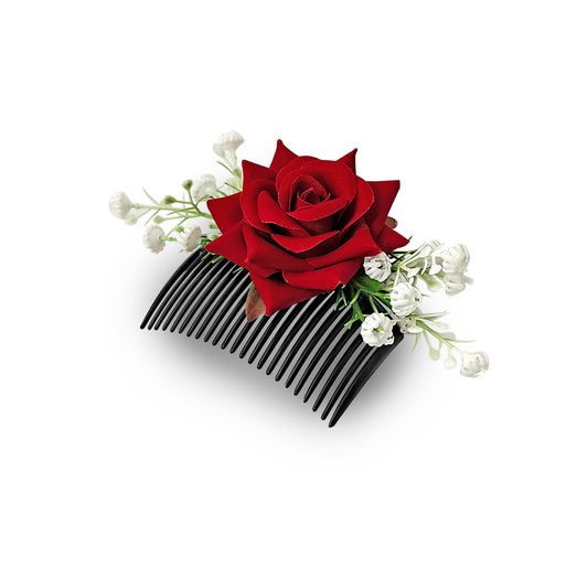 Sanas (1Pc) Red Rose Hair Accessories For Women Stylish French Pins For Hair Brooch For Women Traditional Artificial Flower For Hair Bun Accessories For Woman Party (Realistic Red Rose Shade)(1Pc)