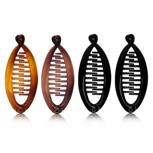 Set of four hair clips in different colors on a white background