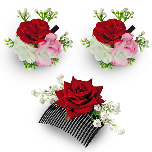 Sanas (3Pcs) Red Rose Hair Accessories For Woman Wedding Artificial Flower For Hair Brooch For Women Traditional Alligator Hair Clips For Women Stylish French Comb Clip (Pop Of Colors Rose Set)(3Pcs)
