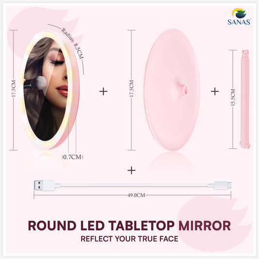Sanas Makeup Mirror with LED Light Portable Touch Screen Round Shape Hand Mirror for Women (1pc) Pink