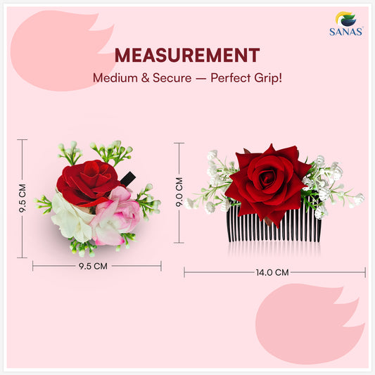 Sanas (3Pcs) Red Rose Hair Accessories For Woman Wedding Artificial Flower For Hair Brooch For Women Traditional Alligator Hair Clips For Women Stylish French Comb Clip (Pop Of Colors Rose Set)(3Pcs)