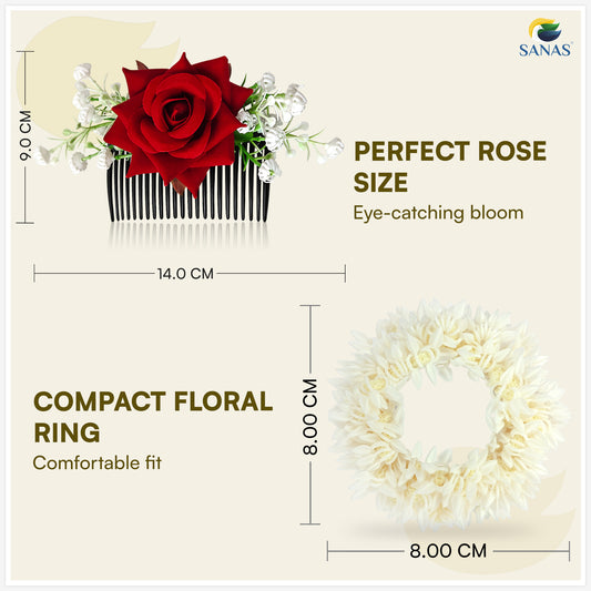 Sanas (3Pcs) Artificial Flower For Hair Bun Accessories For Women Stylish Artificial Gajra For Hair Brooch For Women Traditional Red Rose Juda Accessories For Woman (Pure Mogra & Rose Texture) (3Pcs)