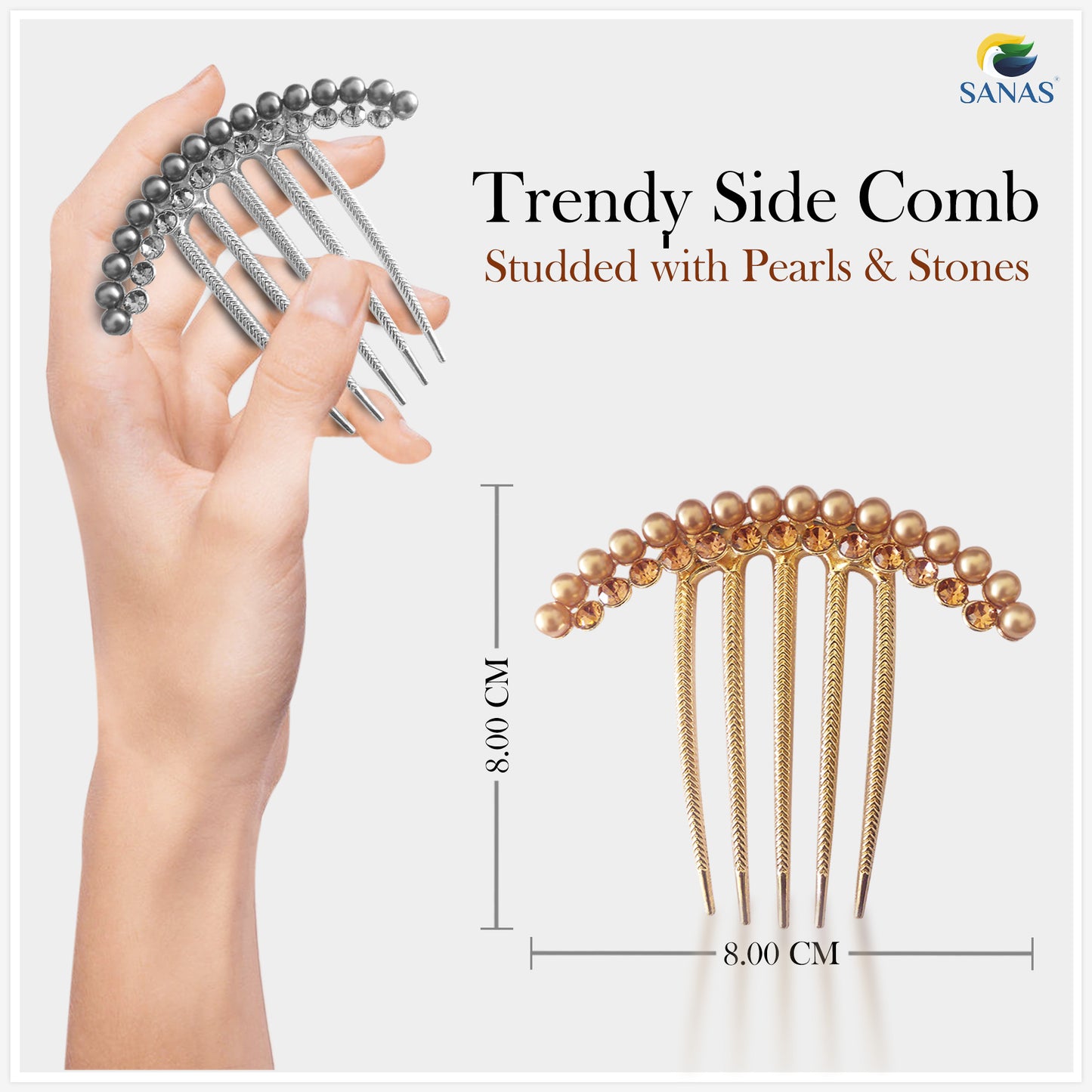 Sanas Pearl Hair Metal Comb - 3Pcs