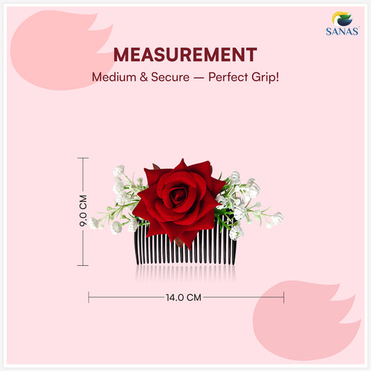 Sanas (1Pc) Red Rose Hair Accessories For Women Stylish French Pins For Hair Brooch For Women Traditional Artificial Flower For Hair Bun Accessories For Woman Party (Realistic Red Rose Shade)(1Pc)