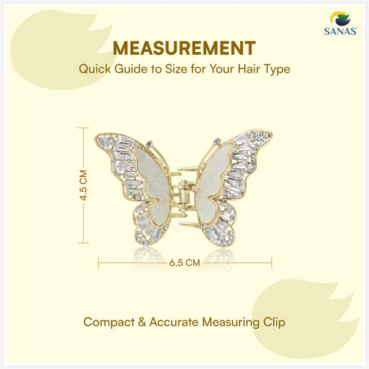 Butterfly-shaped hair measuring clip with dimensions on a light yellow background