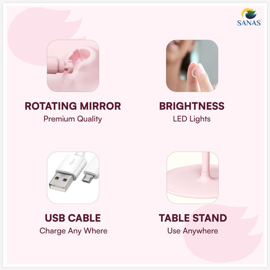 Sanas Makeup Mirror with LED Light Portable Touch Screen Round Shape Hand Mirror for Women (1pc) Pink