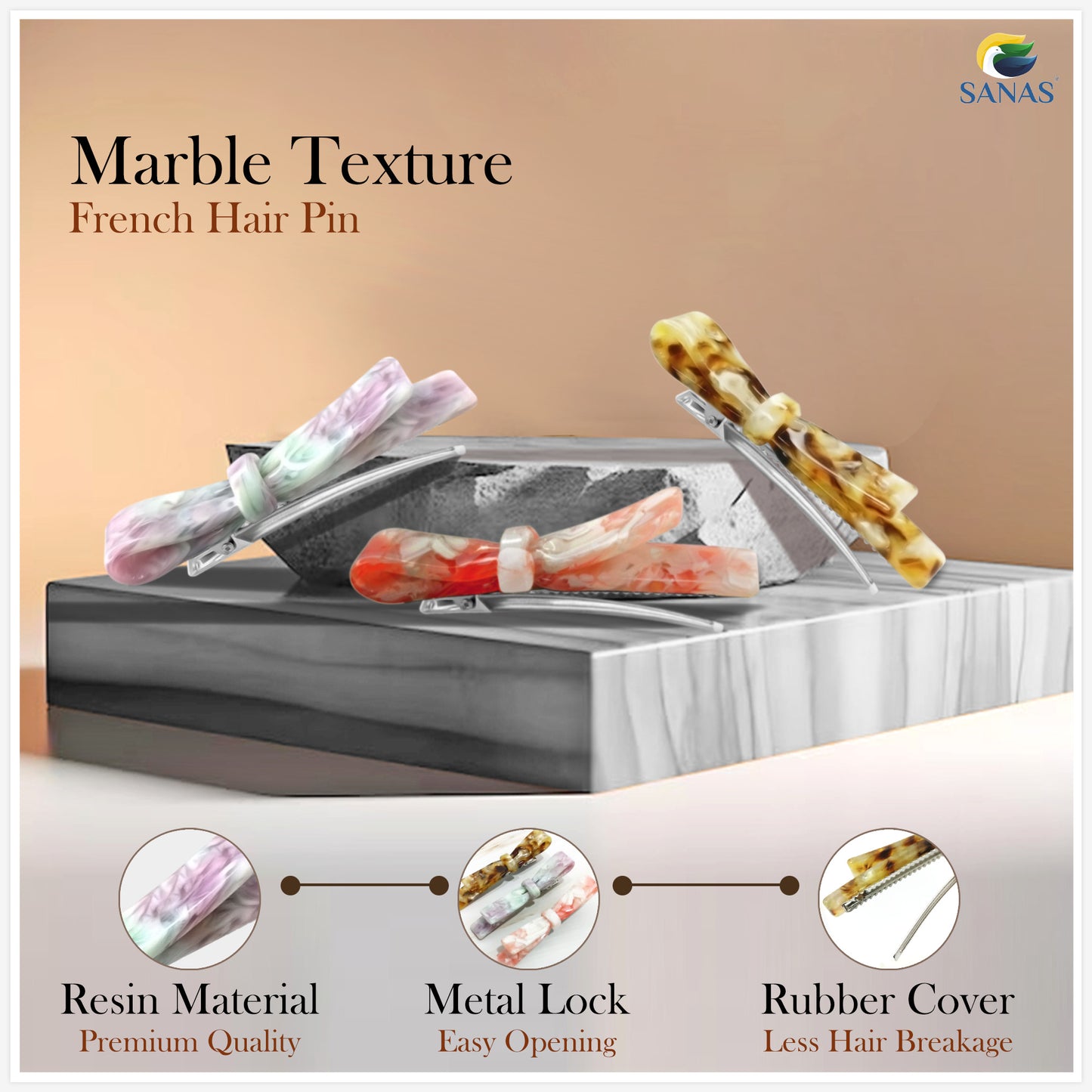 Sanas Resin Bow Knot Hair Clip Set 3Pcs