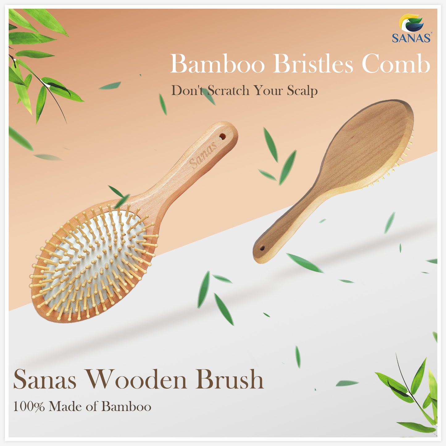 wooden hairbrush with bamboo bristles, designed to prevent scalp scratching. Made from 100% bamboo, shown in Lightweight and eco-friendly, featuring a comfortable wooden handle