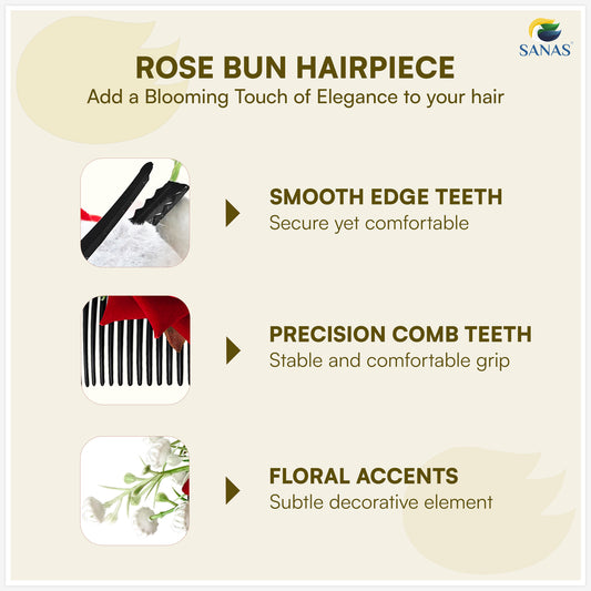 Sanas (3Pcs) Artificial Flower For Hair Bun Accessories For Women Stylish Artificial Gajra For Hair Brooch For Women Traditional Red Rose Juda Accessories For Woman (Pure Mogra & Rose Texture) (3Pcs)