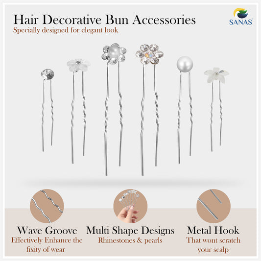 Sanas Crystal Rhinestone Pearl Stone U-Pin - 30Pcs