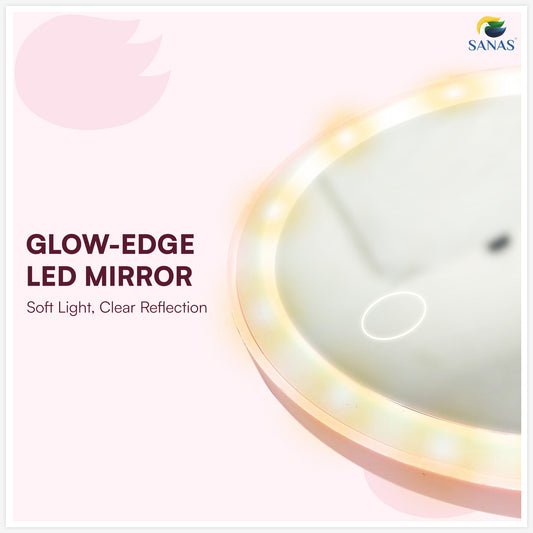 Sanas Makeup Mirror with LED Light Portable Touch Screen Round Shape Hand Mirror for Women (1pc) Pink