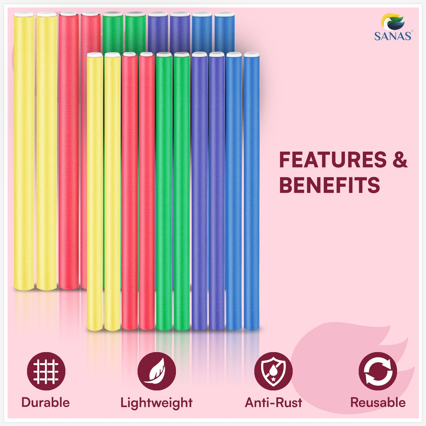 Sanas Heatless Curler For Hair Women Flexi Rods - 20-Piece