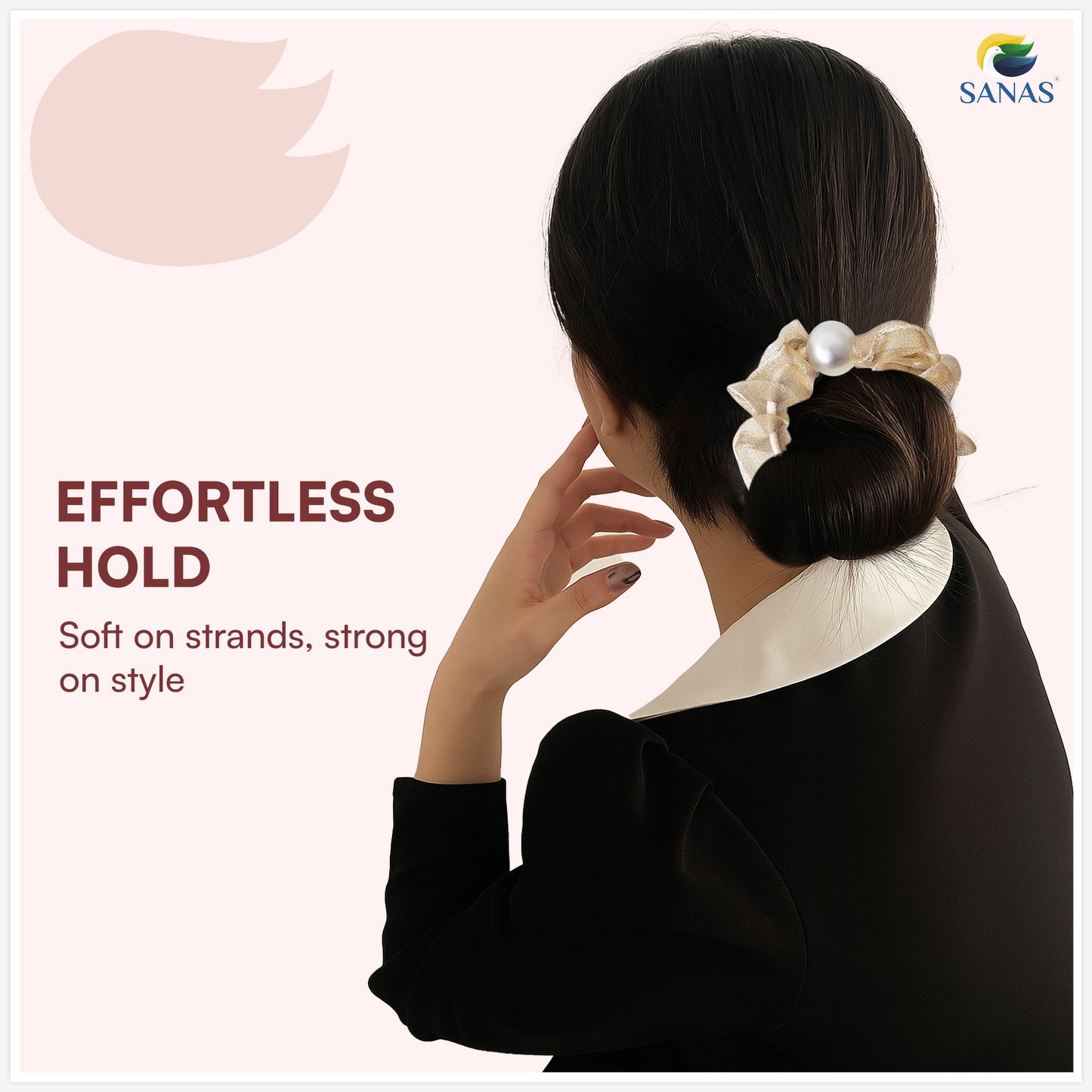 Woman with styled hair using a hair tie, with 'SANAS' branding and product description text.