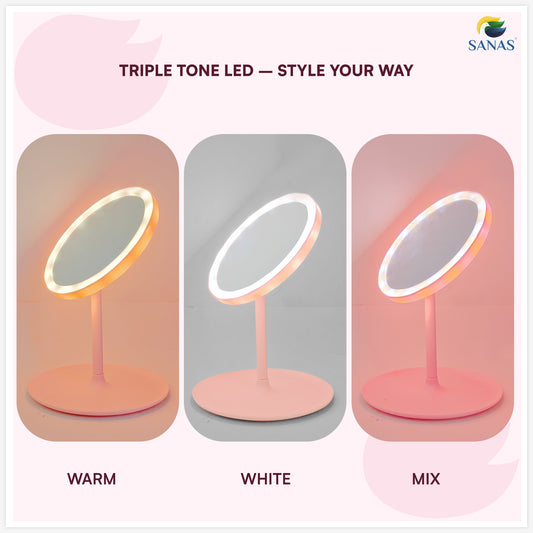 Sanas Makeup Mirror with LED Light Portable Touch Screen Round Shape Hand Mirror for Women (1pc) Pink