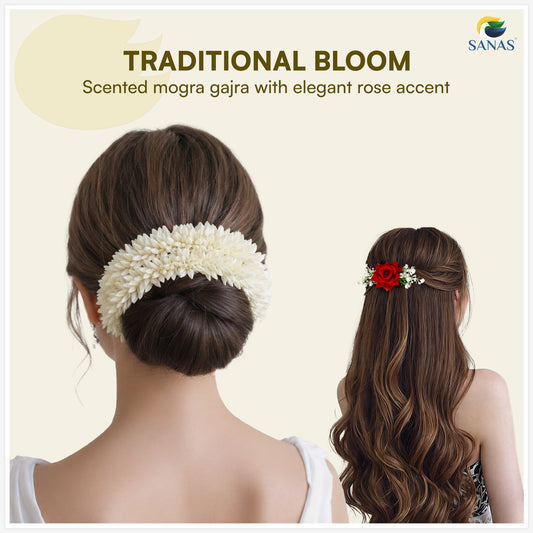 Sanas (3Pcs) Artificial Flower For Hair Bun Accessories For Women Stylish Artificial Gajra For Hair Brooch For Women Traditional Red Rose Juda Accessories For Woman (Pure Mogra & Rose Texture) (3Pcs)