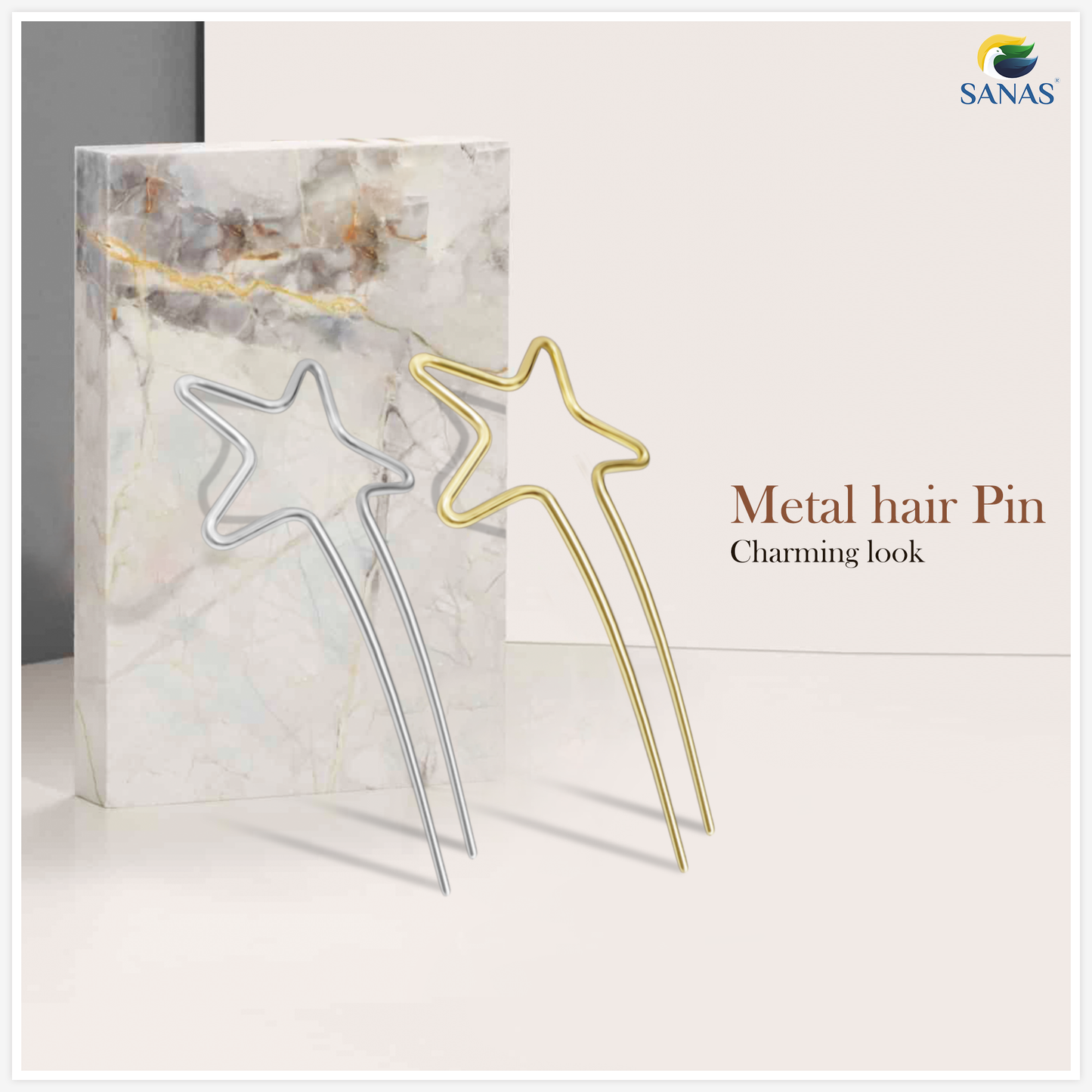 Sanas Star Metal Hair U Pin - 2Pcs (Golden & Silver)