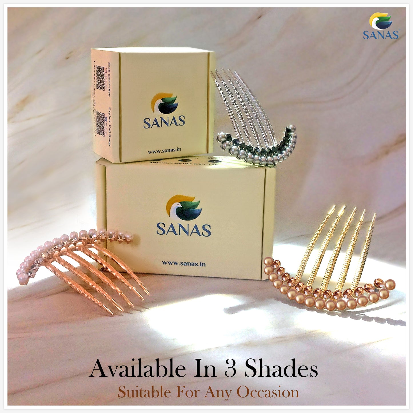Sanas Pearl Hair Metal Comb - 3Pcs