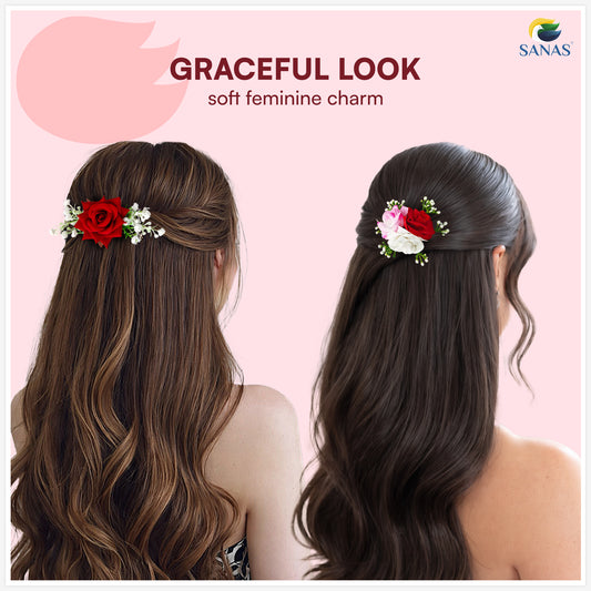 Sanas (3Pcs) Red Rose Hair Accessories For Woman Wedding Artificial Flower For Hair Brooch For Women Traditional Alligator Hair Clips For Women Stylish French Comb Clip (Pop Of Colors Rose Set)(3Pcs)