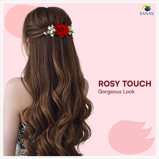 Sanas (1Pc) Red Rose Hair Accessories For Women Stylish French Pins For Hair Brooch For Women Traditional Artificial Flower For Hair Bun Accessories For Woman Party (Realistic Red Rose Shade)(1Pc)