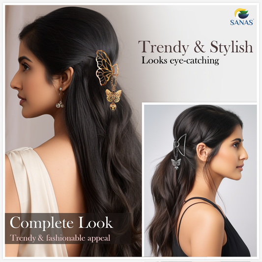 Woman with stylish hair accessories featuring butterflies, with text highlighting 'Trendy & Stylish Looks eye-catching' and 'Complete Look Trendy & Fashionable appeal'.