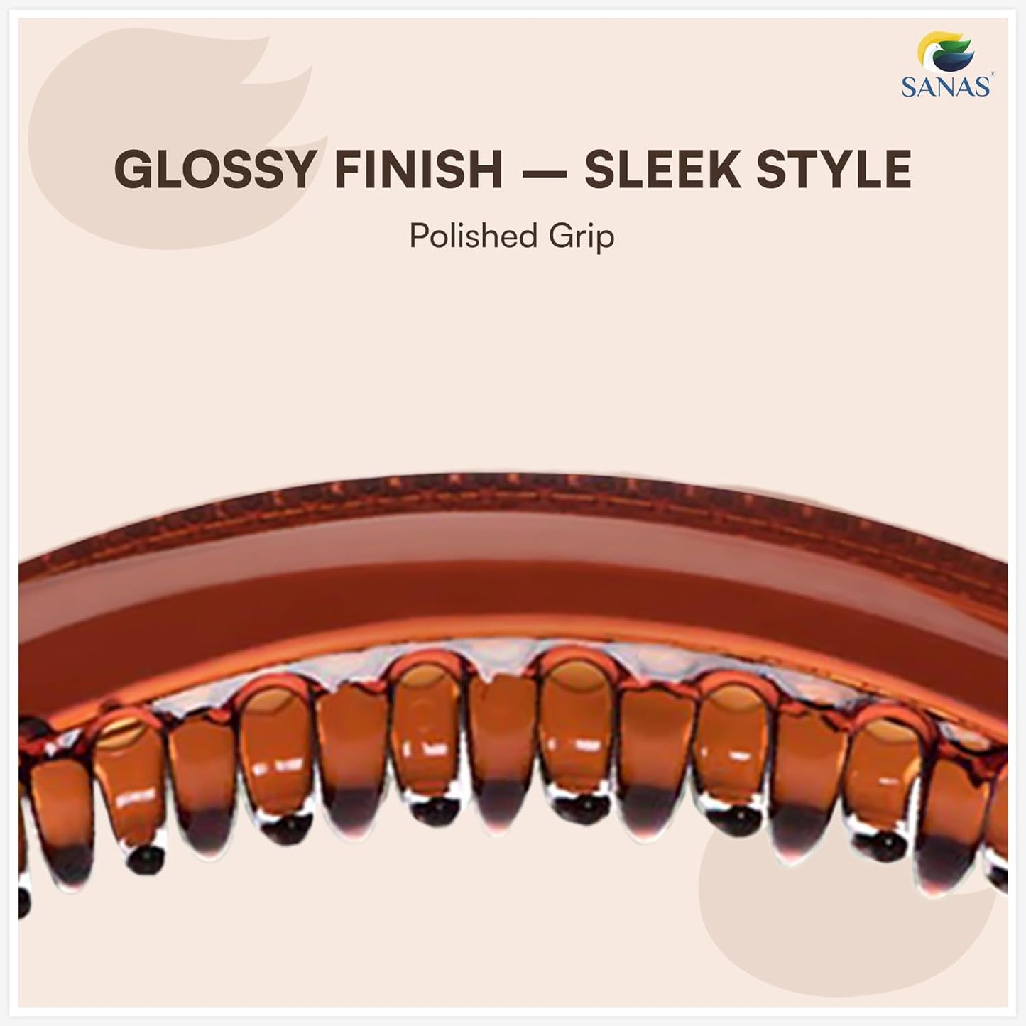 Close-up of a polished grip with 'Glossy Finish - Sleek Style' text and 'SANAS' logo.