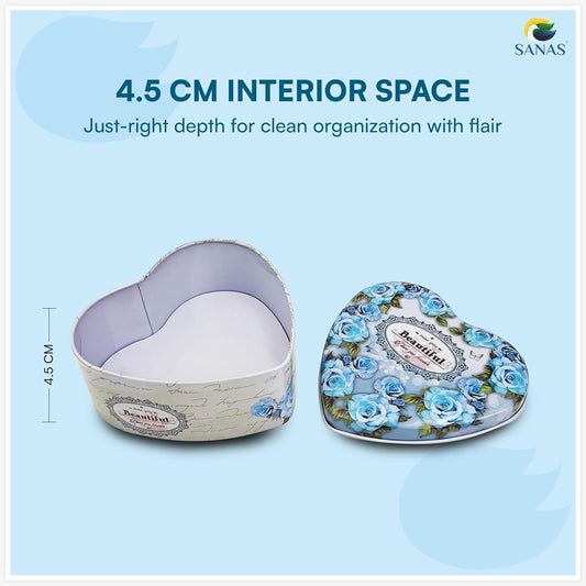 Sanas Heart Shaped Tin Box Storage Blue Frame Style Set of 3
