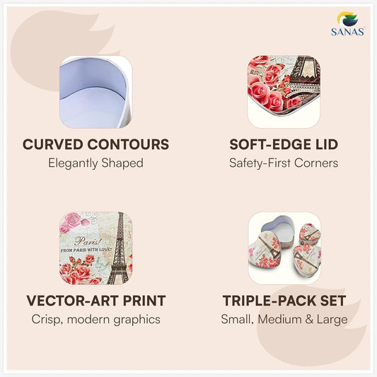 Sanas Heart Shaped Tin Box Storage From Paris With Love Set of 3
