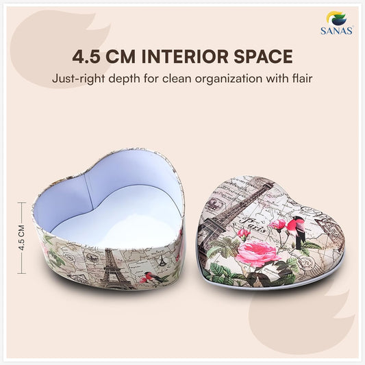 Sanas Heart Shaped Tin Box Storage Birdmap Set of 3