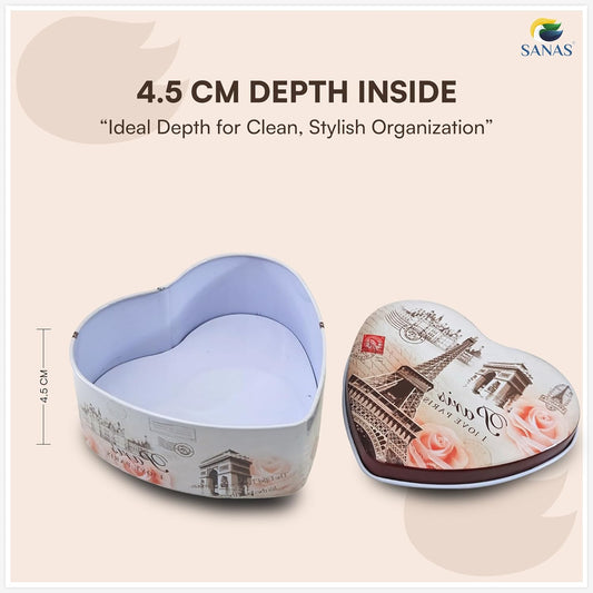Sanas Heart Shaped Tin Box Storage I Love Paris Tower Set of 3