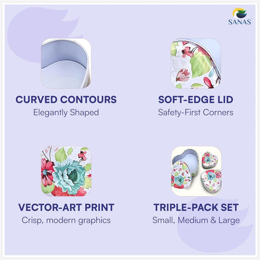 Sanas Heart Shaped Tin Box Storage Floral Full Print Set of 3