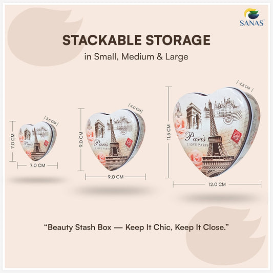 Sanas Heart Shaped Tin Box Storage I Love Paris Tower Set of 3