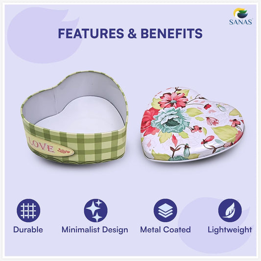 Sanas Heart Shaped Tin Box Storage Floral Full Print Set of 3