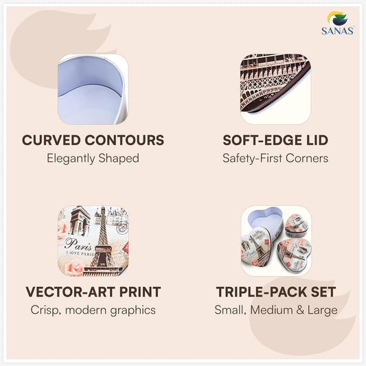 Sanas Heart Shaped Tin Box Storage I Love Paris Tower Set of 3