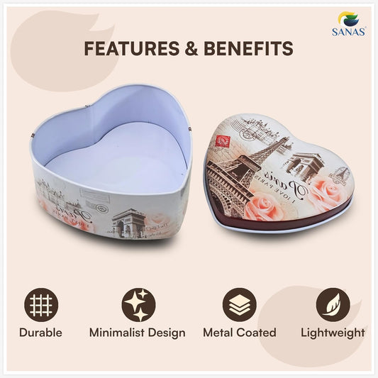 Sanas Heart Shaped Tin Box Storage I Love Paris Tower Set of 3