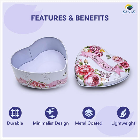 Sanas Heart Shaped Tin Box Storage Love You Tag With Ribbon Set of 3