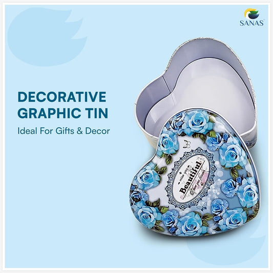 Sanas Heart Shaped Tin Box Storage Blue Frame Style Set of 3