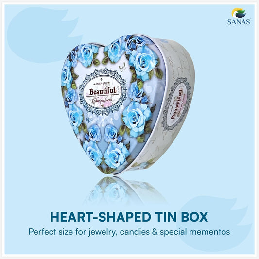 Sanas Heart Shaped Tin Box Storage Blue Frame Style Set of 3