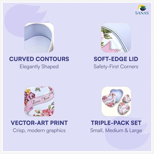 Sanas Heart Shaped Tin Box Storage Love You Tag With Ribbon Set of 3