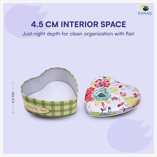 Sanas Heart Shaped Tin Box Storage Floral Full Print Set of 3