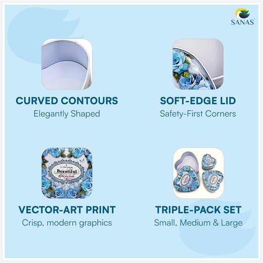 Sanas Heart Shaped Tin Box Storage Blue Frame Style Set of 3