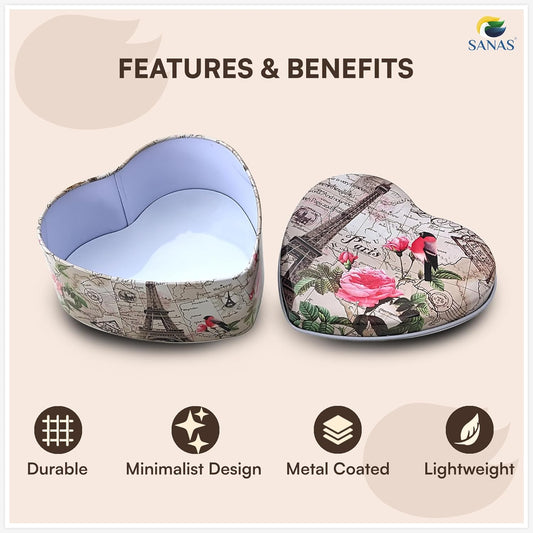 Sanas Heart Shaped Tin Box Storage Birdmap Set of 3