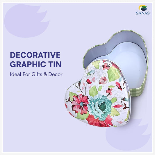 Sanas Heart Shaped Tin Box Storage Floral Full Print Set of 3
