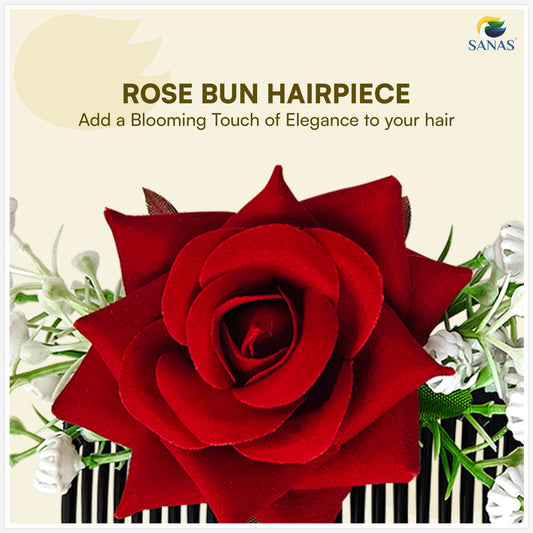 Sanas (3Pcs) Artificial Flower For Hair Bun Accessories For Women Stylish Artificial Gajra For Hair Brooch For Women Traditional Red Rose Juda Accessories For Woman (Pure Mogra & Rose Texture) (3Pcs)