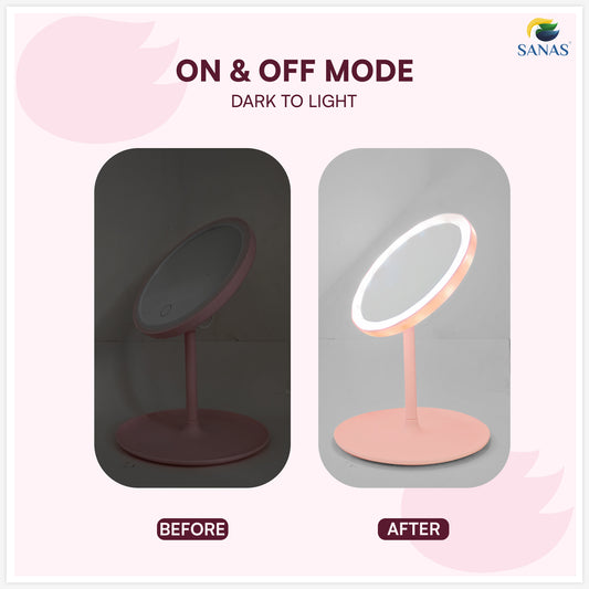 Sanas Makeup Mirror with LED Light Portable Touch Screen Round Shape Hand Mirror for Women (1pc) Pink