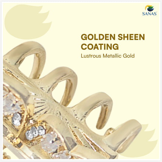 Gold ring with 'Golden Sheen Coating' text and SANAS logo on a light yellow background