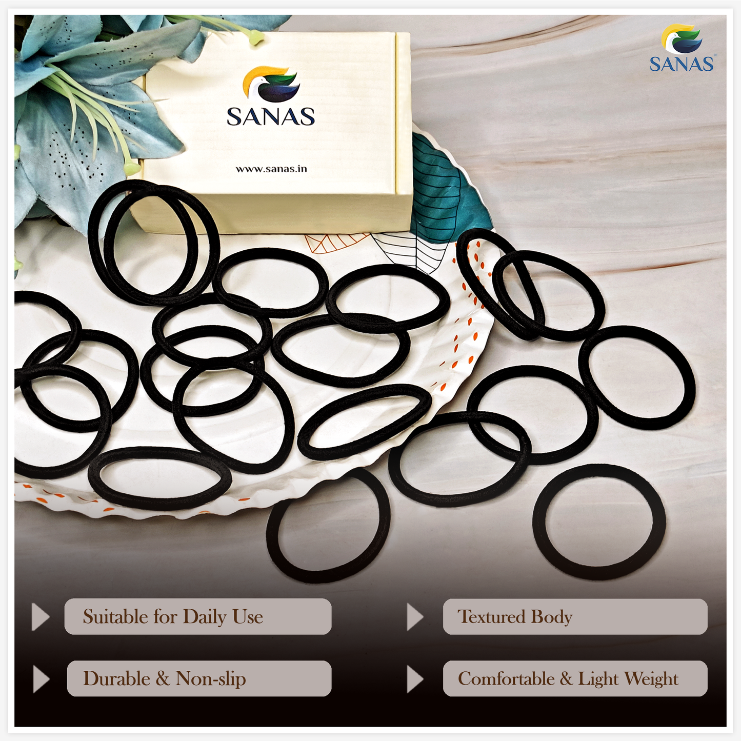 Sanas Black Korean Rubber Hair Band - 30Pcs
