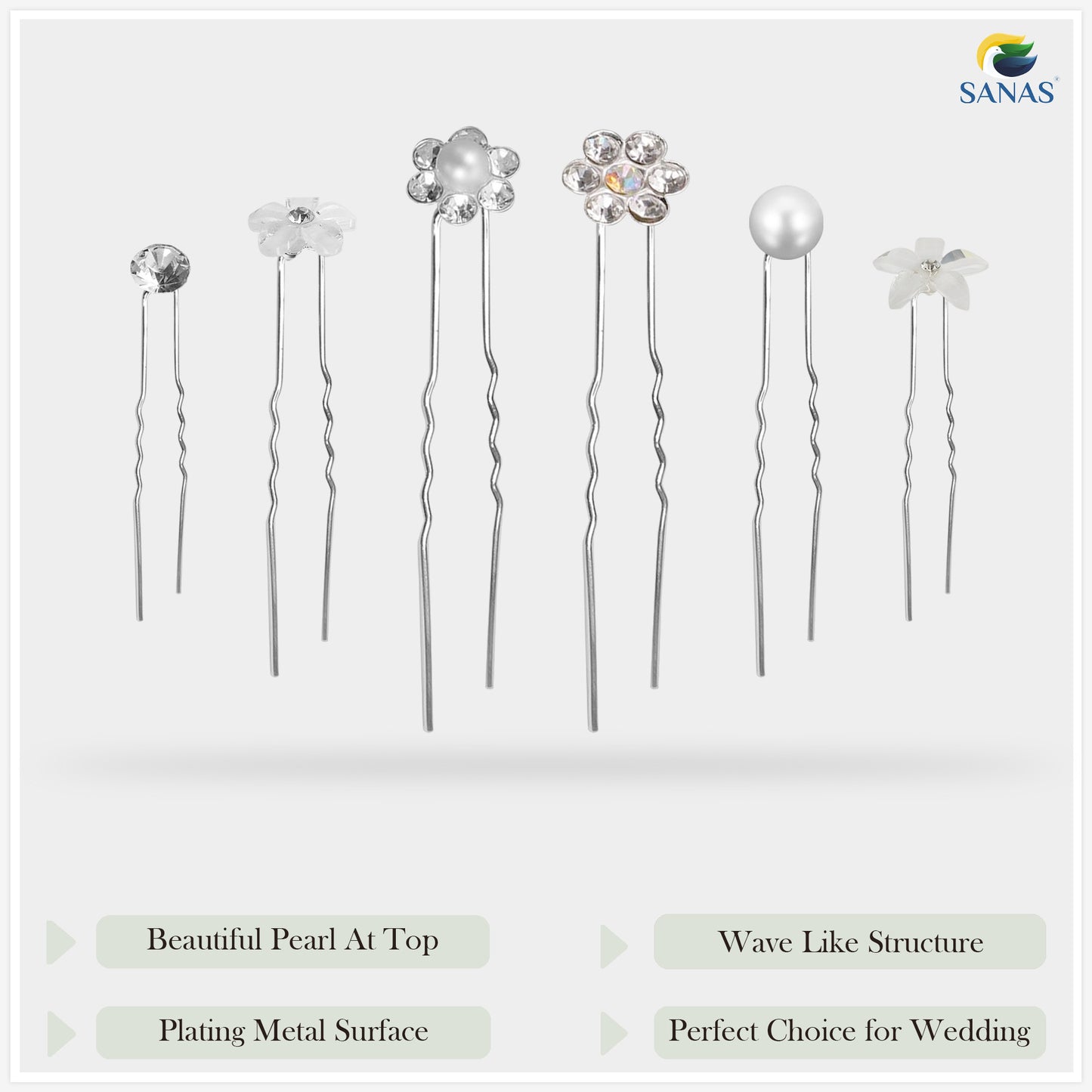 Sanas Crystal Rhinestone Pearl Stone U-Pin - 30Pcs