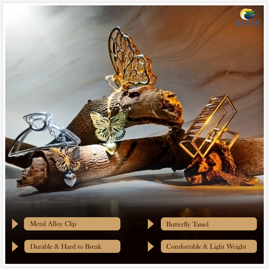 Butterfly-shaped clips on a wooden surface with product features highlighted.